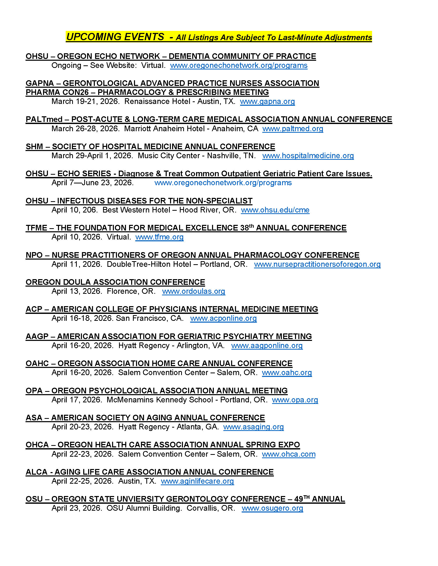 Upcoming Events - Rolling Schedule - various healthcare entities and assn's